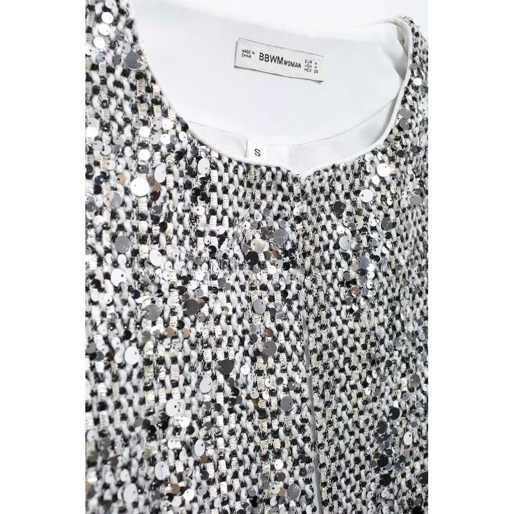 TRAFZA Women Fashion Tweed Sier White Sequins Cardigan New Spring Fall High Street Y2k Sequined Jacket