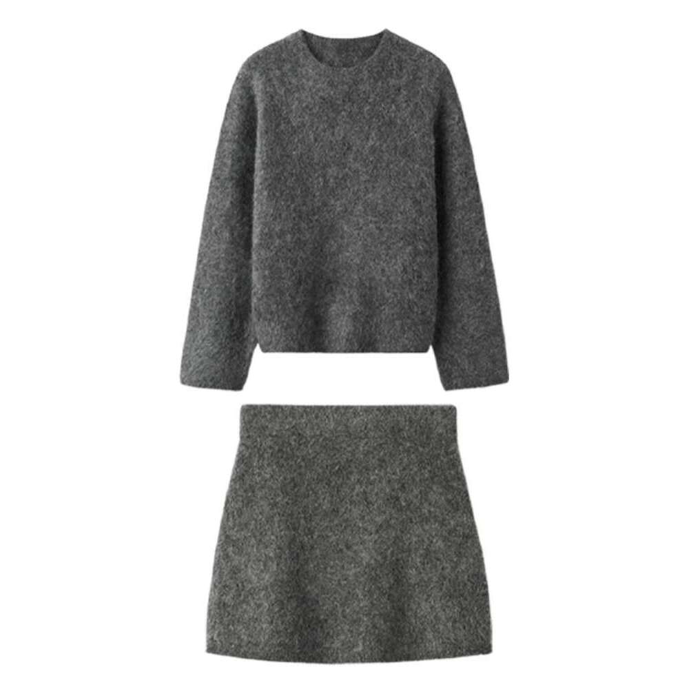 Fashion Grey Mohair Knitted Sweater 2 Pieces Skirt Sets Women Chic Oversized O-Neck Cropped Pullover Suits Lady Commute Outwear