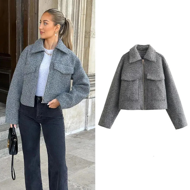 TRAF Autumn Winter Cropped Jacket for Women Short Coat Tweed Jacket Zip Crop Demiseason Jacket Woman in outerwears 241024