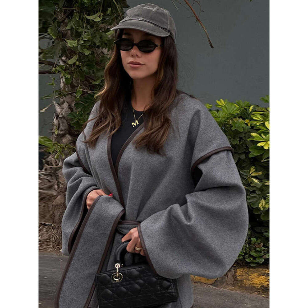 Lace Up Patchwork Women Coat V-Neck Loose Long Sleeve Pocket Female Jacket 2024 Elegant Autumn Winter New Office Lady Outwears