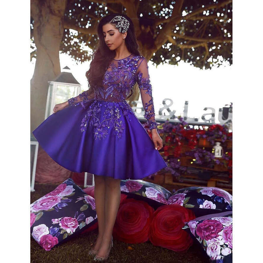 Short Tail Homecoming Dresses Vintage Long Sleeve A E Sheer Neck Applique Beaded Dress Prom Gowns 0521