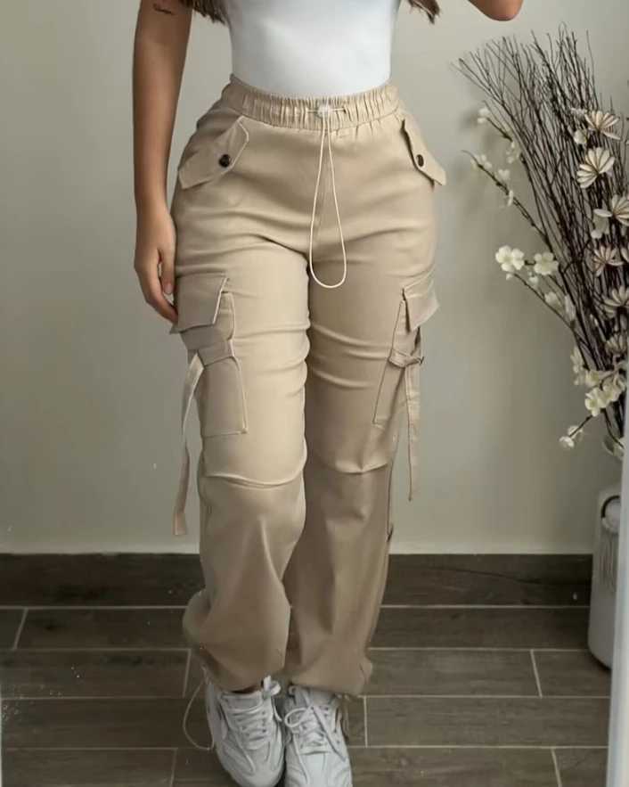 Womens Cargo Pants 2024 Spring Fashion Street Pocket Design Drstring Cuffed Pants Daily Casual Plain Long Pants VersatileX241028