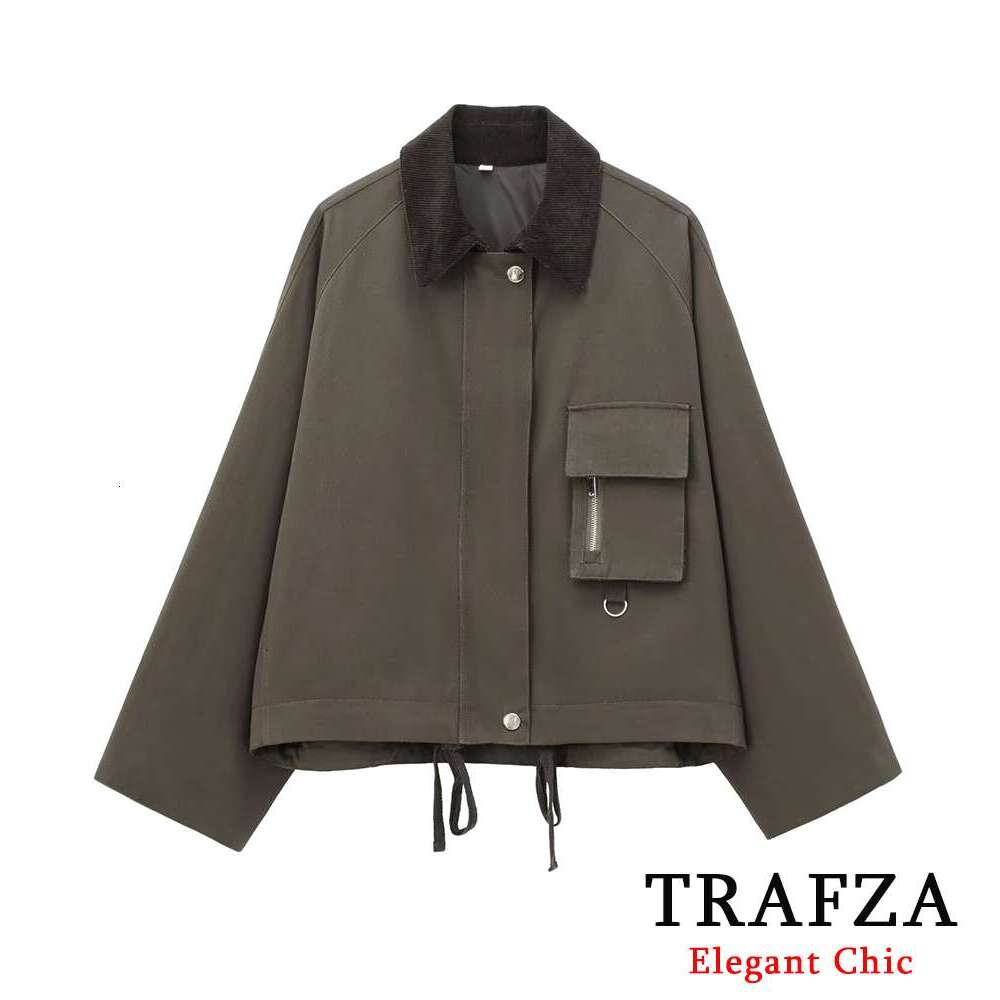 TRAFZA Women Vintage Thick Twill Lapel Pocket Corduroy Lapels New 2024 Fall Winter Fashion Neutral Style Jacket