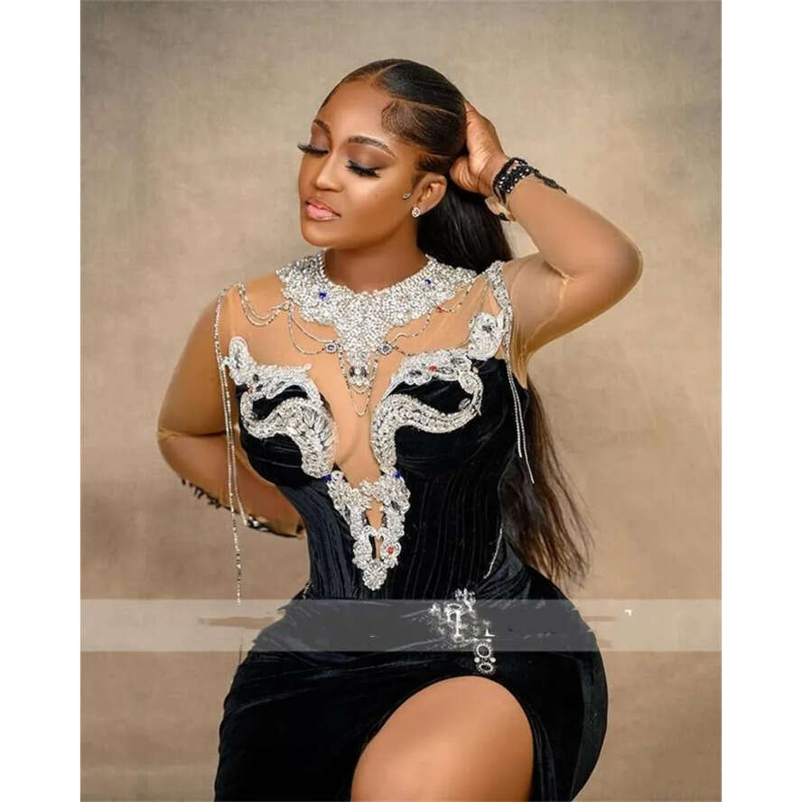 2022 Black Veet Mermaid Prom Dress Sexy Sheer Neck High Slit Long Sleeves Plus Size Fromal Evening Party Gowns