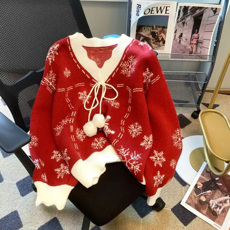 Christmas snowflake sweater womens skydiving bow V-neck long sleeved knitted sweater winter latte top Korean fashion sweater 241025