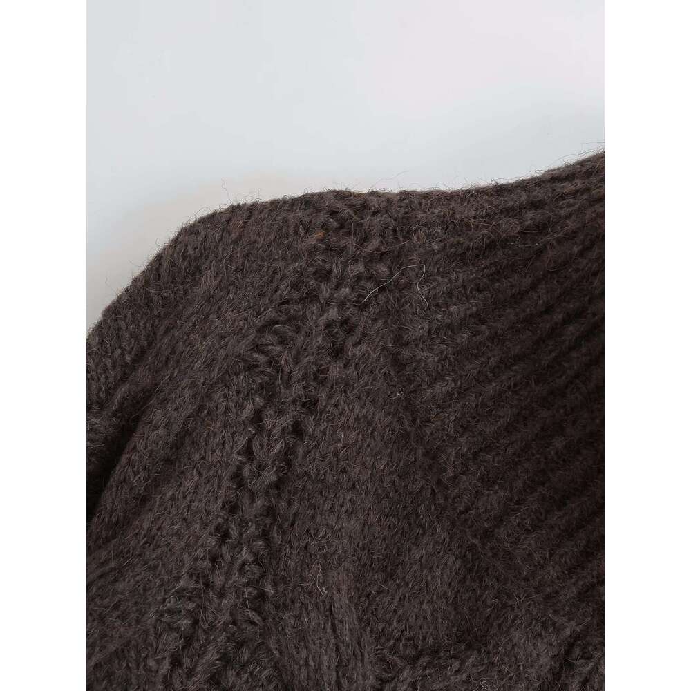 TRAFZA Women Fall Winter Vintage Brown Double Zipper New Fashion Casual Stylish Retro Knitted Sweater