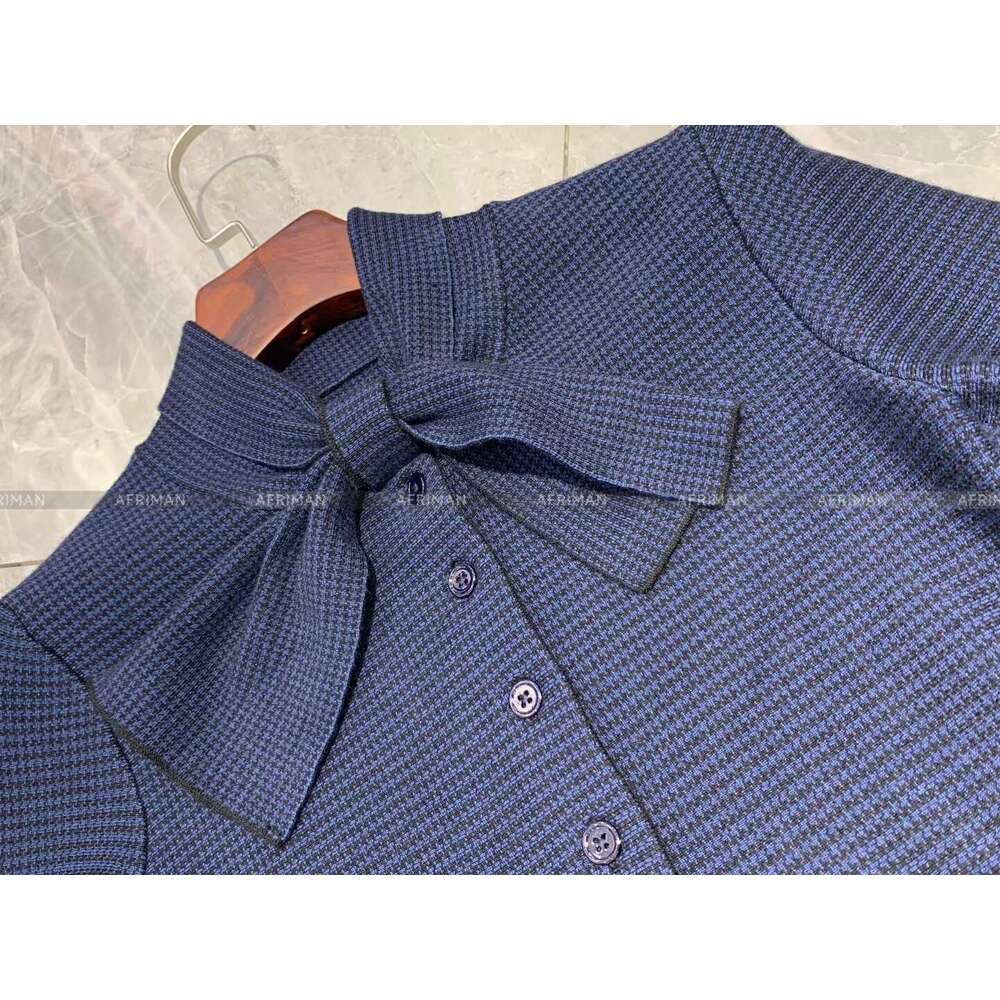 Women Ribbon Bow Collar Long Sleeve Houndstooth Large Swing Knitted Dress