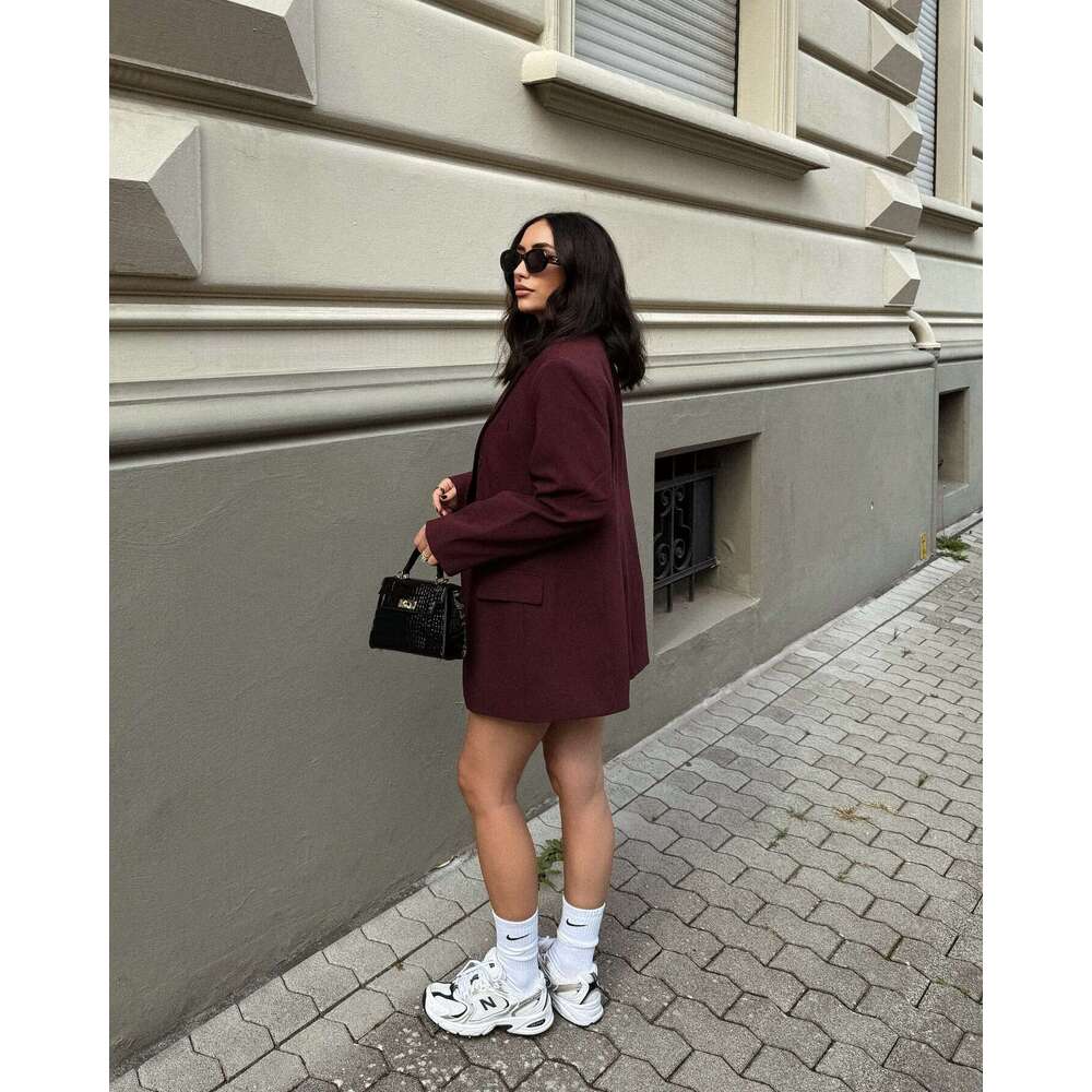 TRAFZA Elegant Red Solid Office Women Lapel Pocket 2024 New Spring Autumn Fashion Old Money Commuter Blazer