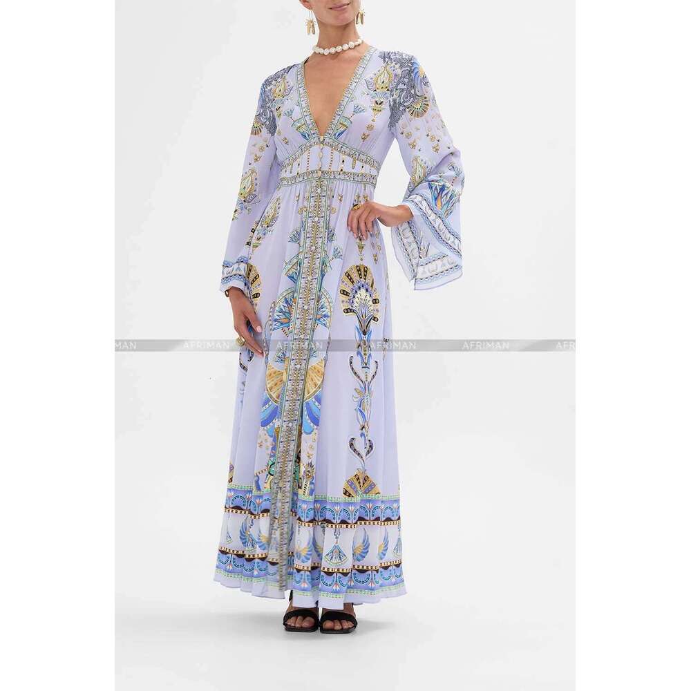 Women V Neck Crystal Beaded Flare Sleeve Elastic Waist Retro Blue Print 100% Silk Long Dress