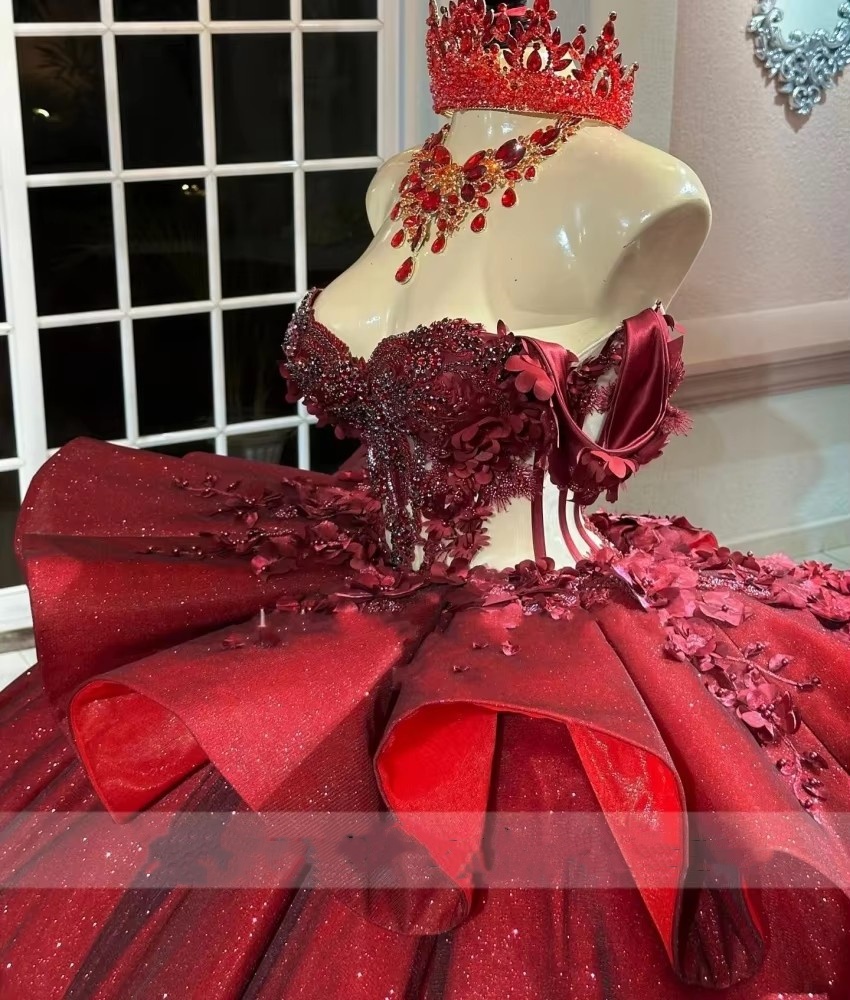 2025 Bury Lace Ball Gown Quinceanera Sparkly 3D ral Appliques Cut-out Sweet 16 Dress Vestido De 15 Anos