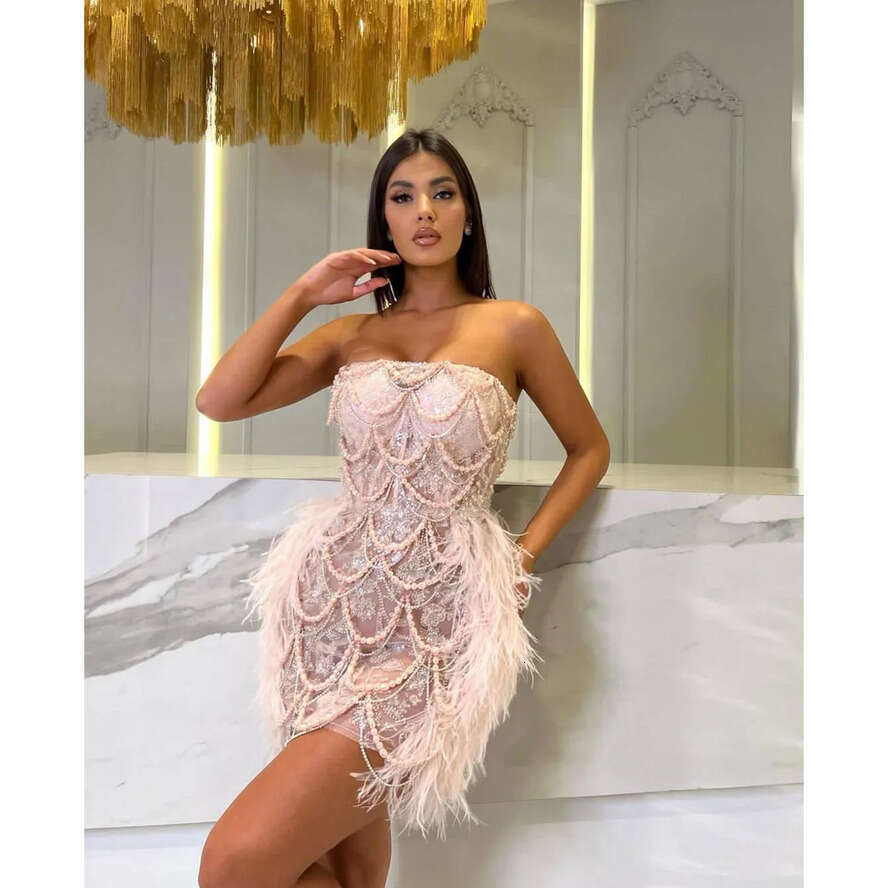 Pink Short Prom Sleeveless Bateau Strapless Appliques Mini Sequins Beaded Or Celebrity Pearls Thigh Length Evening Dresses Plus Size Custom Made 0431
