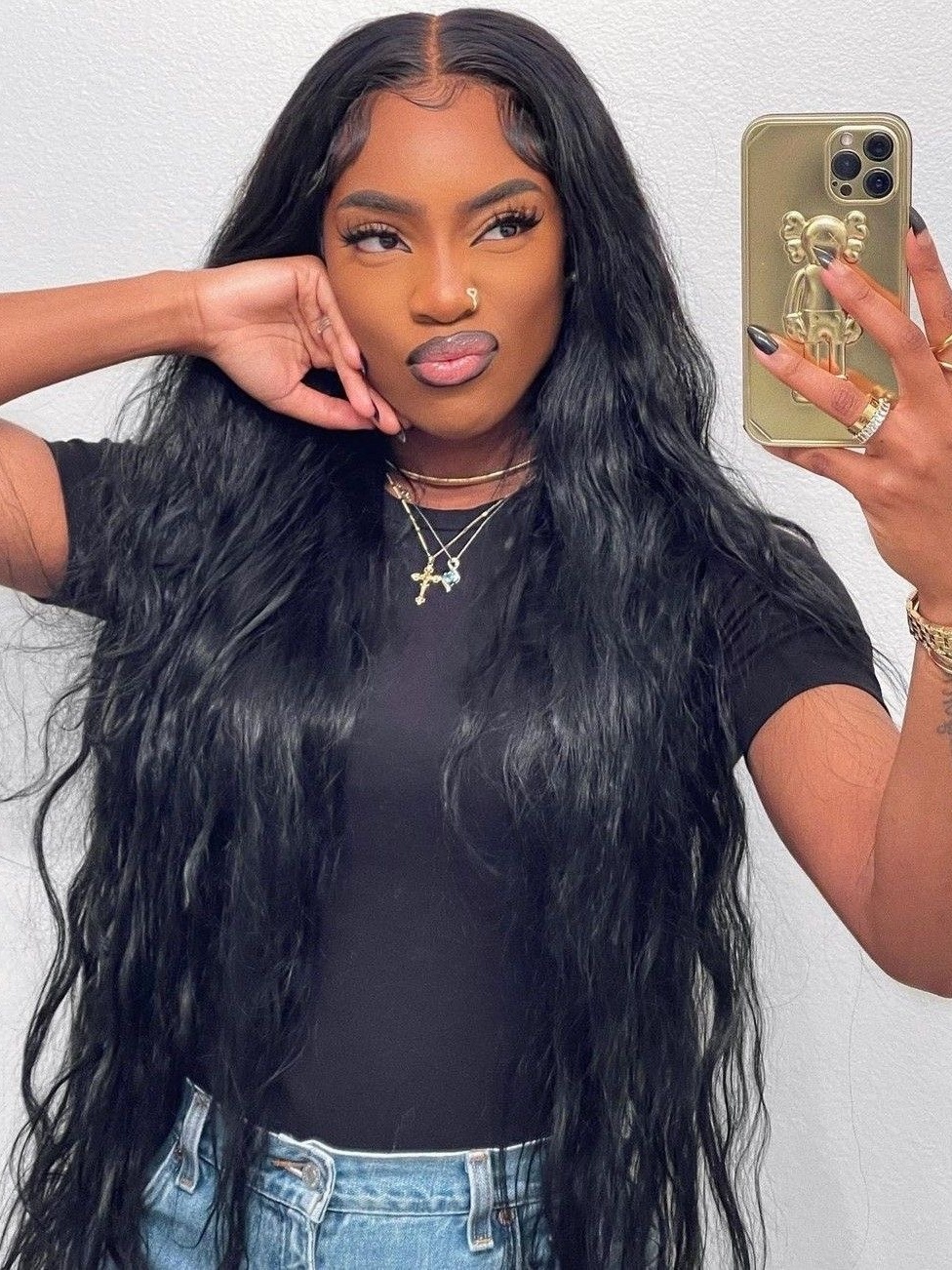 Black Long Beach Wavy Synthetic Front Wig Glueless Frontal 1B Colored Curly Hair Lace Natural Wigs for Women Party