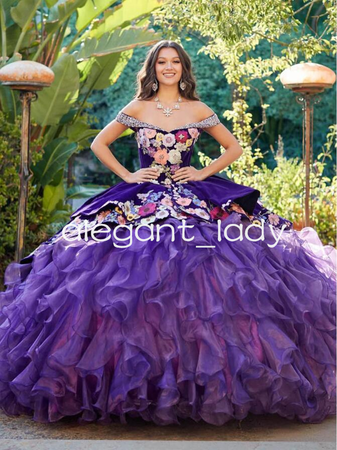 Purple Velvet Organza Charro Quinceanera Dresses 2025 Off Shoulder Floral Crystal Corset Ruffles vestido de 15 anos quinceanera