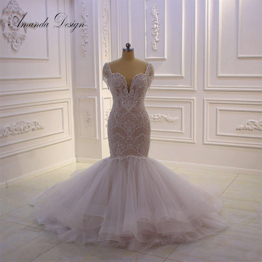 Amanda Design vestidos de novia Cap Sleeve Lace Appliques Tiered Mermaid Wedding Dress