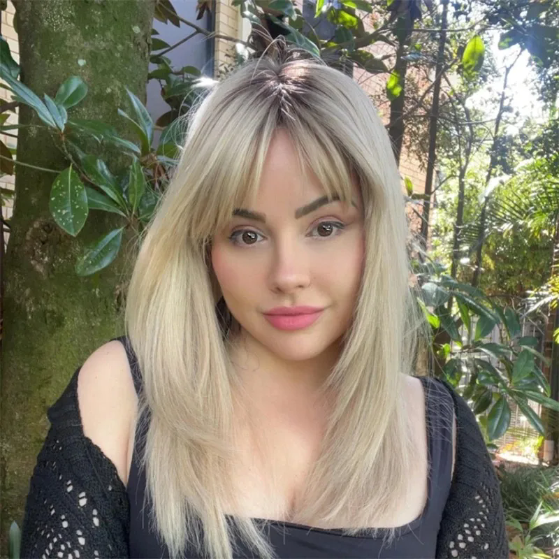 Glueless Human Hair Wig Ombre Honey Blonde Ash Roots Lace Front Wig layered Straight Hair Ponytailed with Fringe Natural Look Bangs Wig