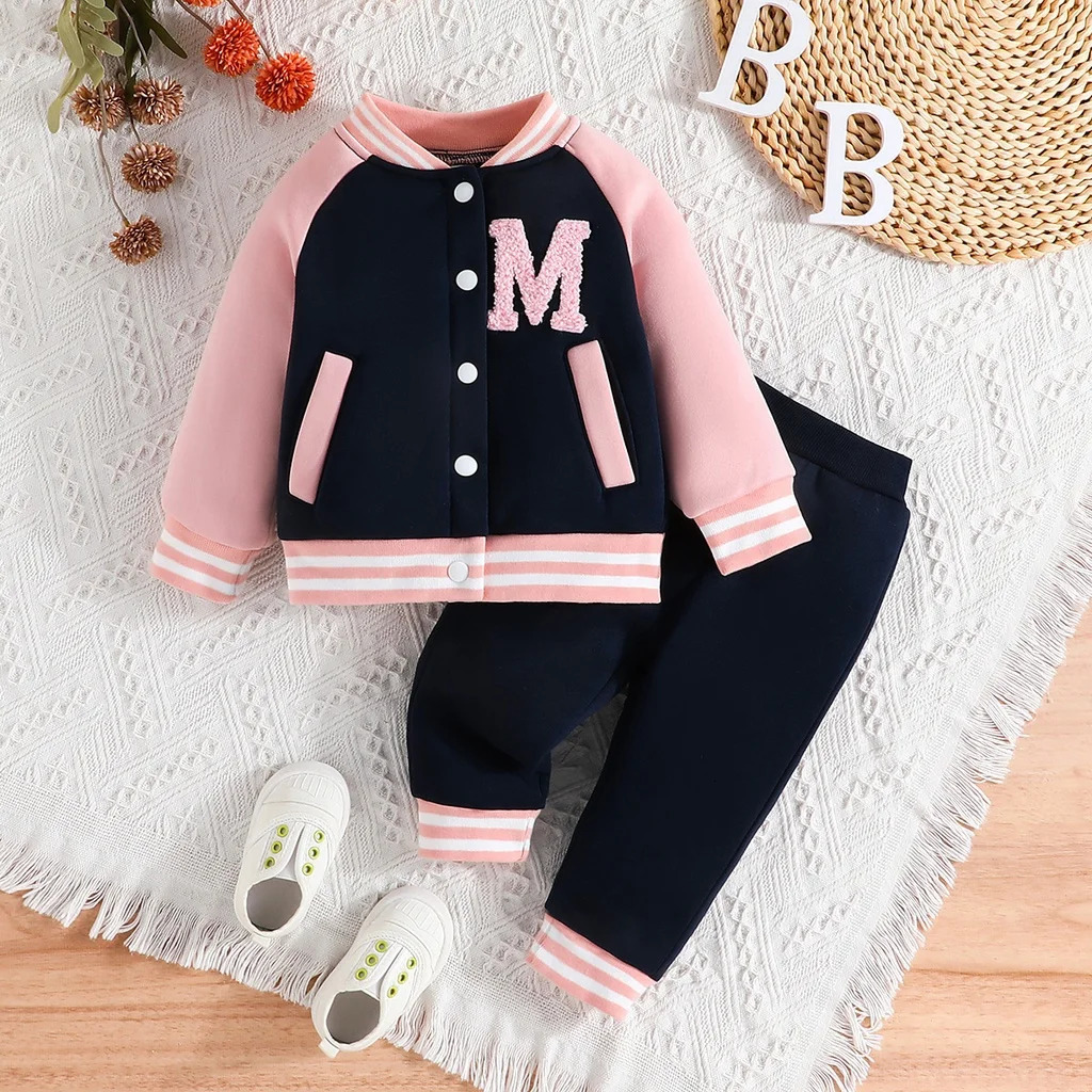 Girl 6 Months - 3 Years old Pink Baseball Uniform Button jacket Long Sleeve Coat and Pants Outfit Toddler Infant Clothing Set 241028