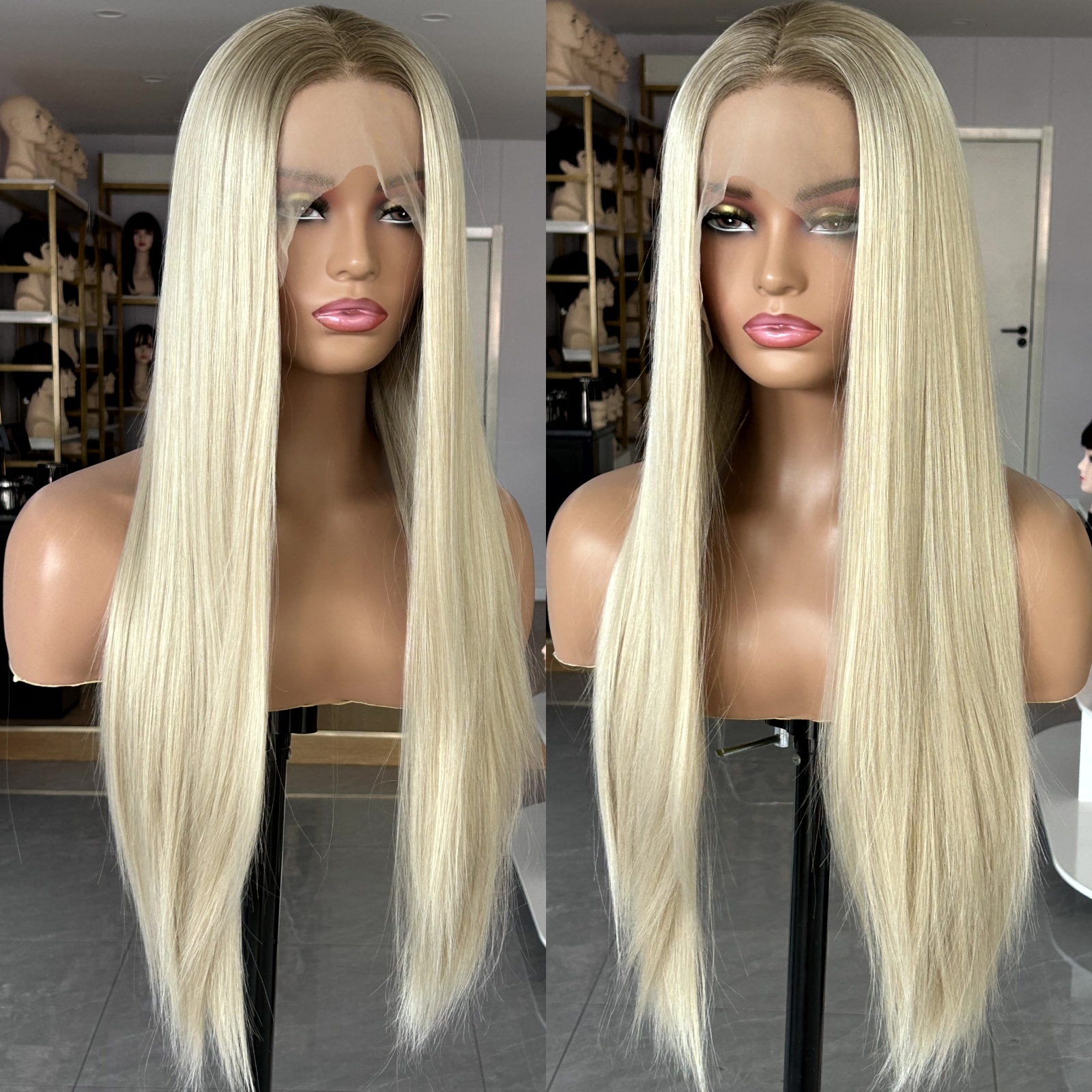 Ombre Lace Front Long Straight Synthetic Wig Brown Blonde Highlight Colored Hair 13X4 Frontal Wigs for Women Party Cosplay