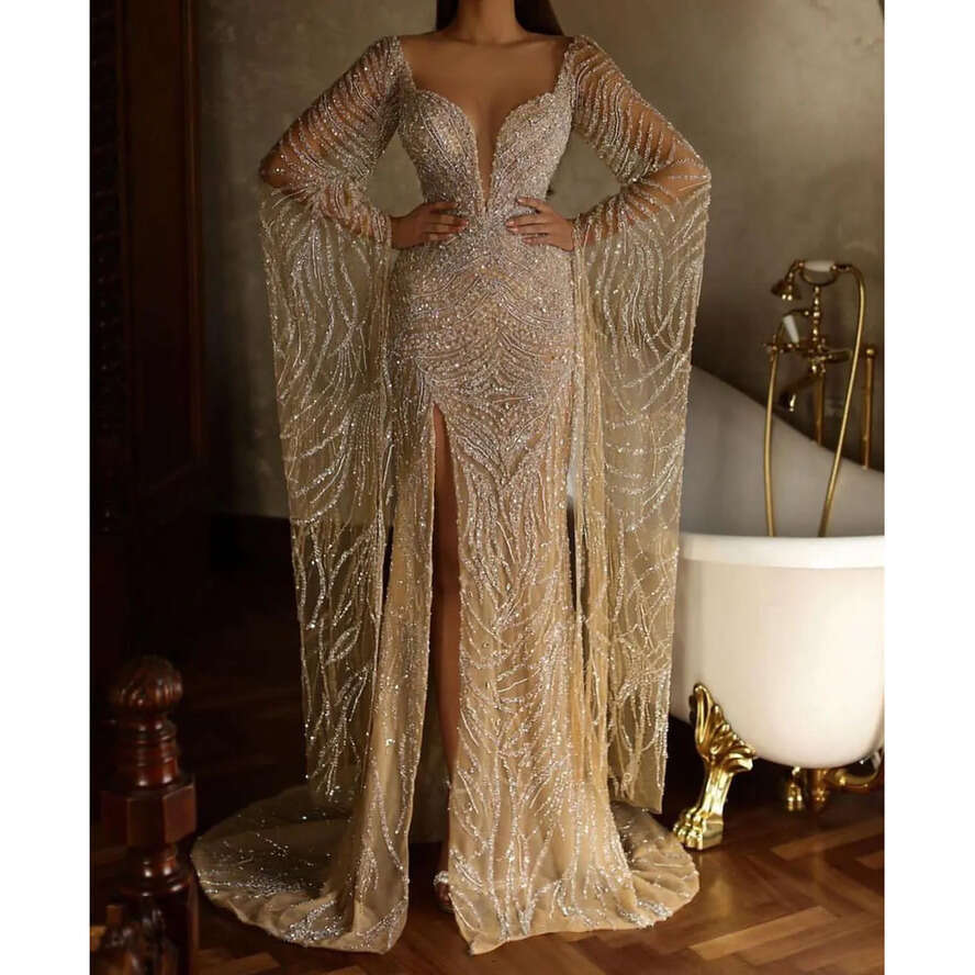 New Sparkly Arrival Evening Dresses V Neck Long Sleeves Capes Lace Or Length Beaded Pearls Satin Sequins Side Slit Appliques Prom Dress Formal Plus Si