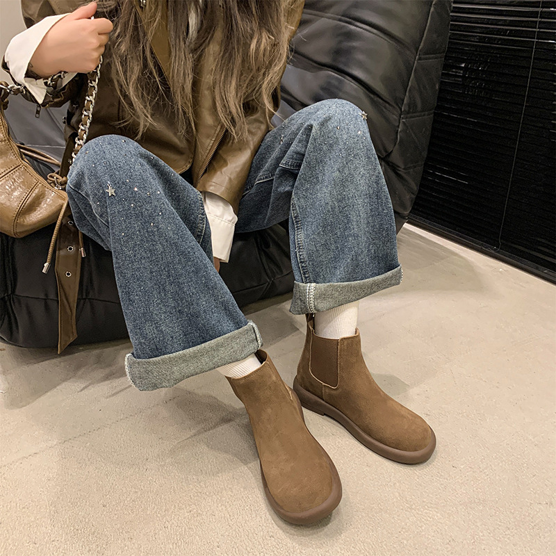 Women Fashion Boots:Retro Style Thick Sole Martin Boots Winter New Trendy Versatile Round Toe,Light Tan/Coffee,Free shipping