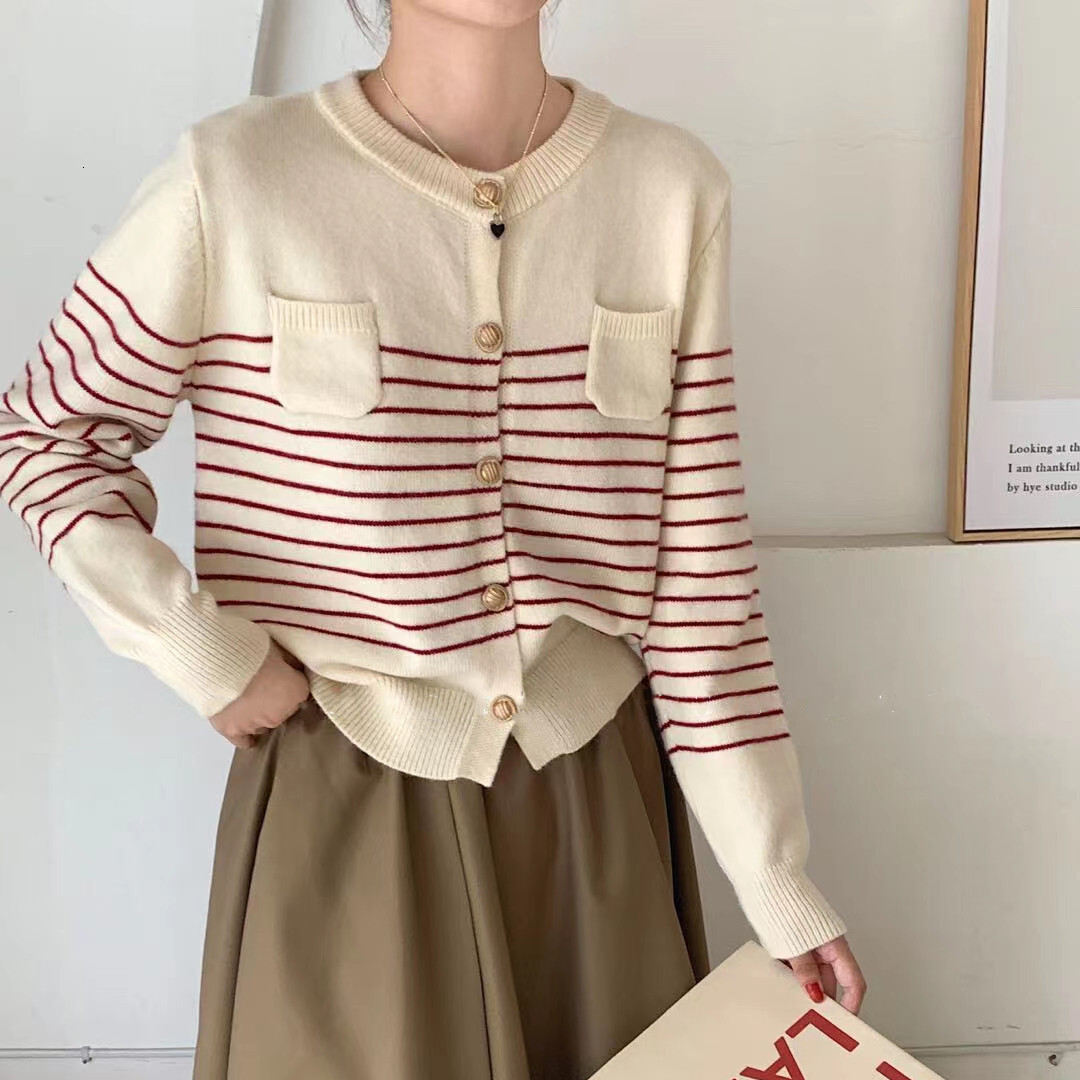 Autumn And Winter New Korean Round Neck Striped Knitted Cardigan Loose Short Pocket Sweater Jacket Women Top F1028#40