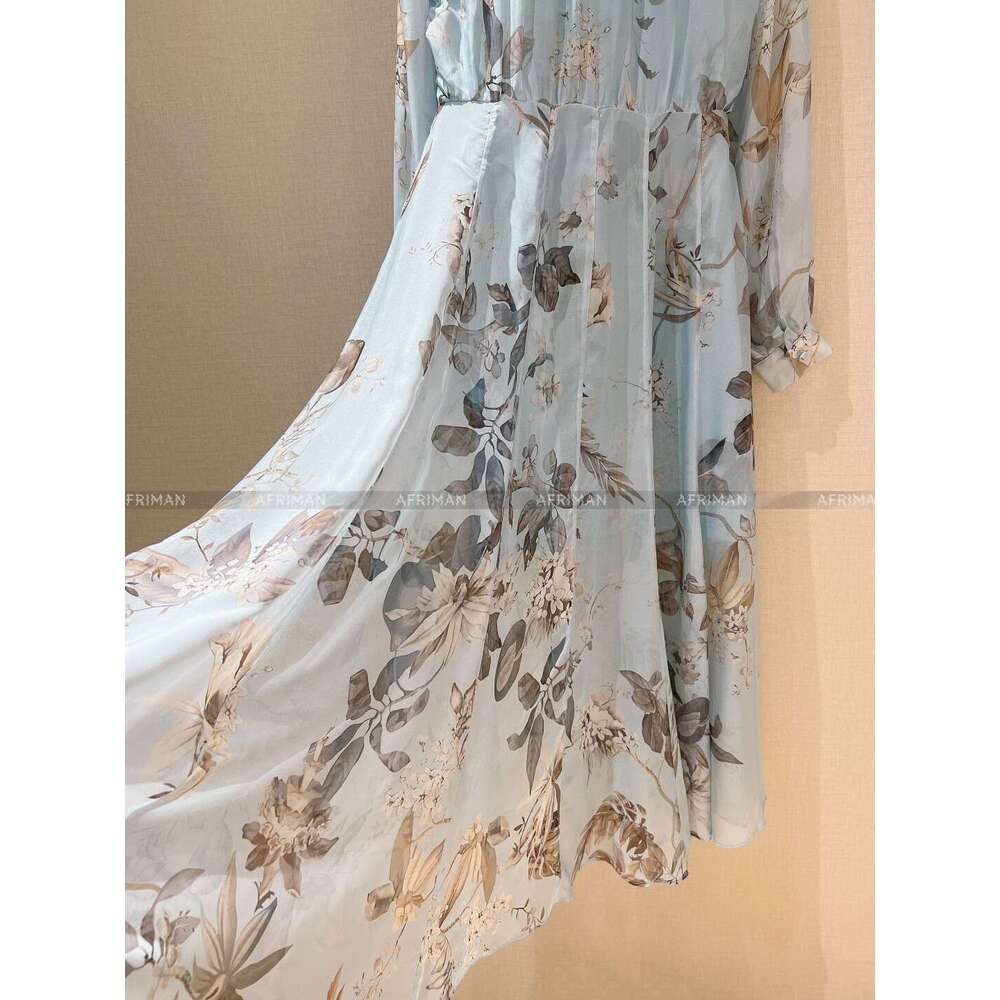 Women Silk Blue Corower Print Sleeve High Waist Slimming Long Dress