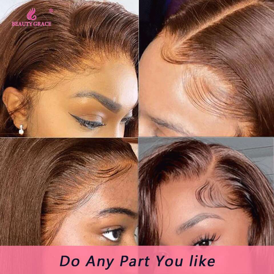Dark Brown Straight X Lace Front Wig Chocolate Bone Human Hair x Closure Colored Wigs Beauty Grace