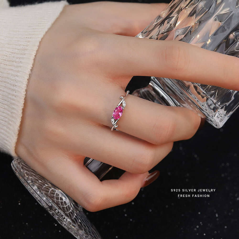 Real Sterg Sier French Light Rose Zircon Branches Leaves Ring Gift for Lady Mom Daughter Birthday Jewelry