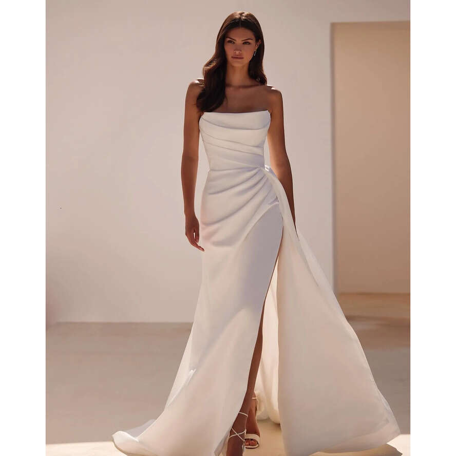 Nova Milla Boho A E Dress For Bride Strapless Satin Country Wedding Dresses Backless Pleats Vestidos De Novia Split Bridal Gowns