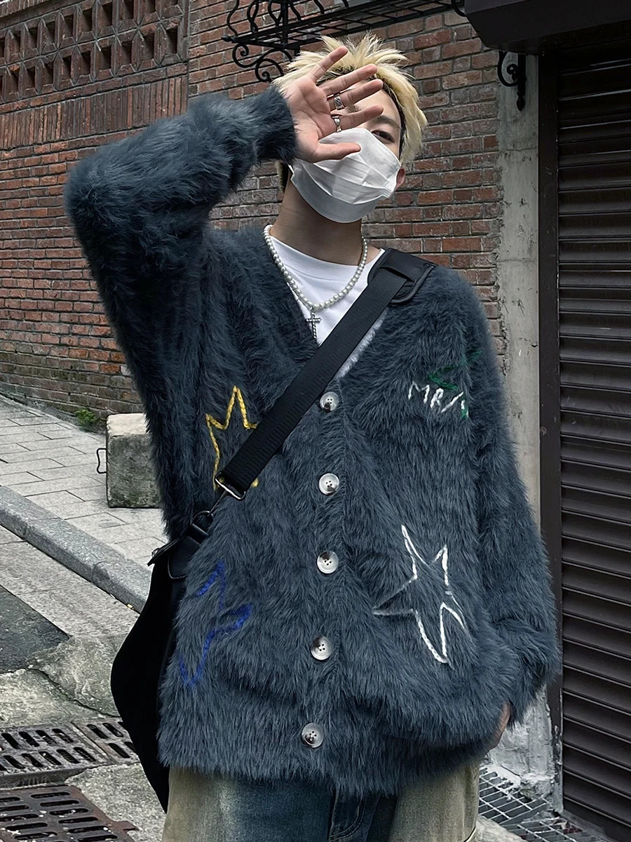 REDDACHiC Men Embroidery Star Mohair Cardigan Sweater Vintage Y2k Vneck Buttoned Long Sleeves Knit Jacket Casual Winter Clothes 241024