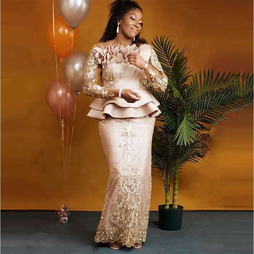 Rose Gold African Mermaid Evening Dresses Aso Ebi Style Lace Ruffles Formal Party Women Dress Plus Size Custom Vestidos 0509