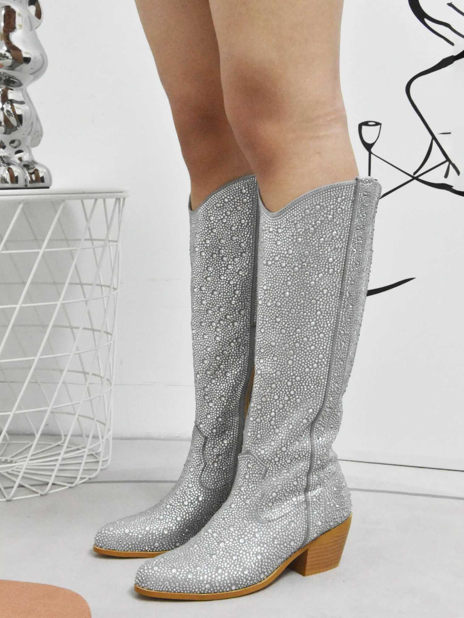 CHMURY 2024 Rhinestone Nashville hot Western cowboy black sier knee high cowgirl boots for women Z241028
