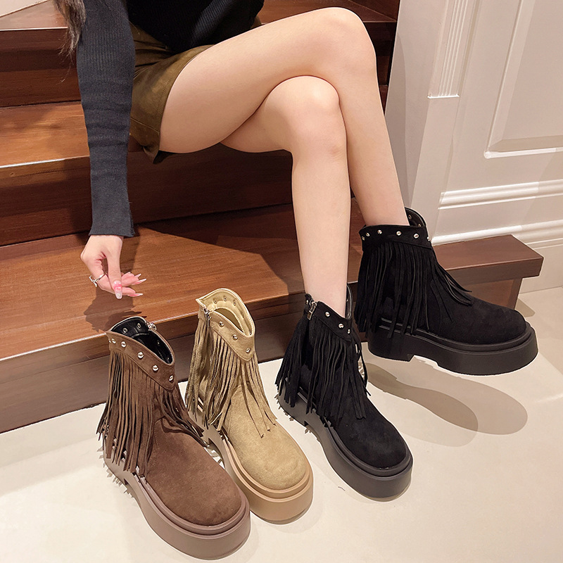 Women Fashion Boots:Thick Sole Increase Height Martin Boots Retro Style Chunky Heel Spicy Girl,Black/Brown/Khaki,Free shipping