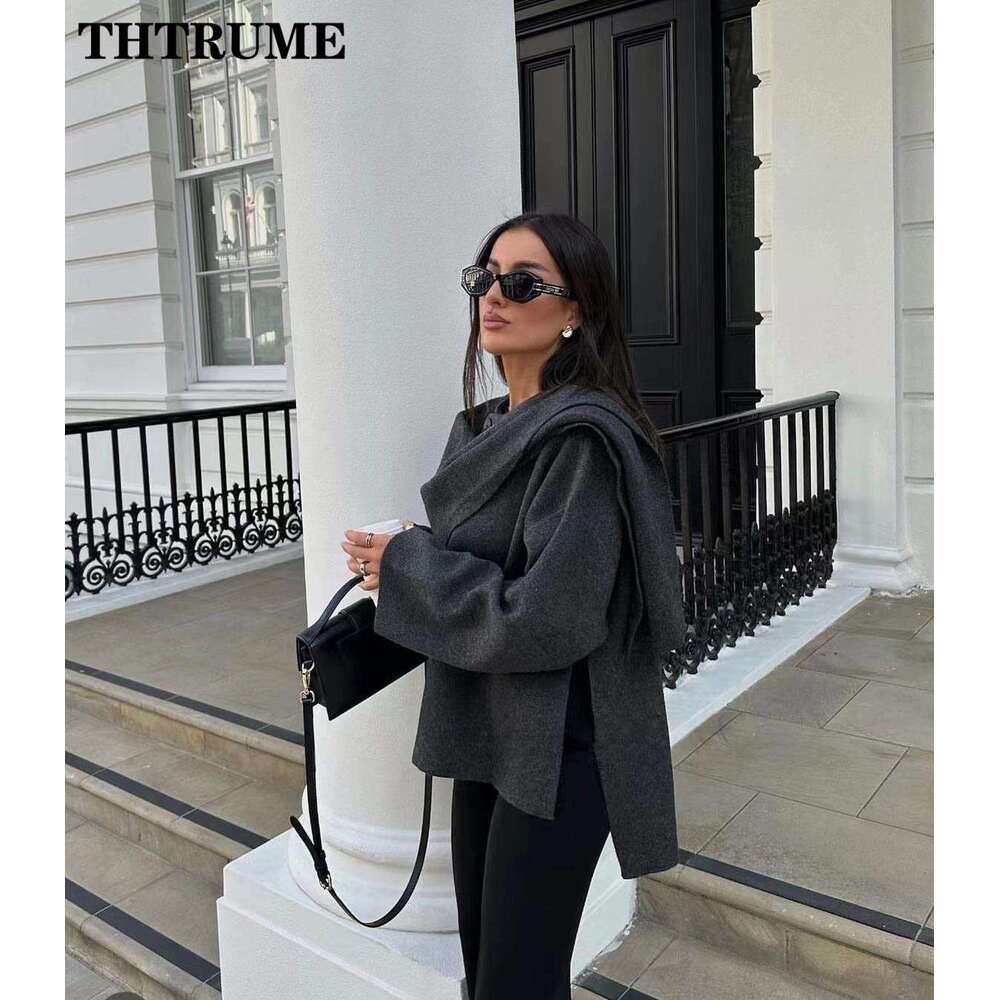 2024 New Scarf Collar Jackets For Women Elegant Solid Autumn Winter Long Sleeve Loose Coats Casual Streetwear Vintage Outwear