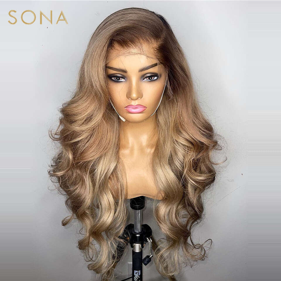 x HD Transparent Lace Frontal Wig Pre Plucked Ombre Honey Blonde Front Wigs Colored Human Hair with Brown Root