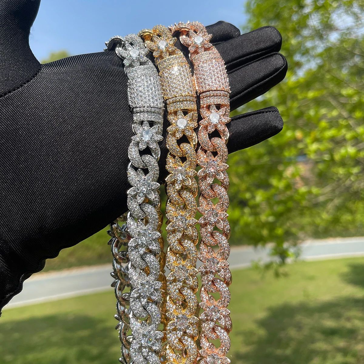 Lotus Flower Cuban Chain Necklace 5A Zircon 18K Gold Plated Women Men Jewelry