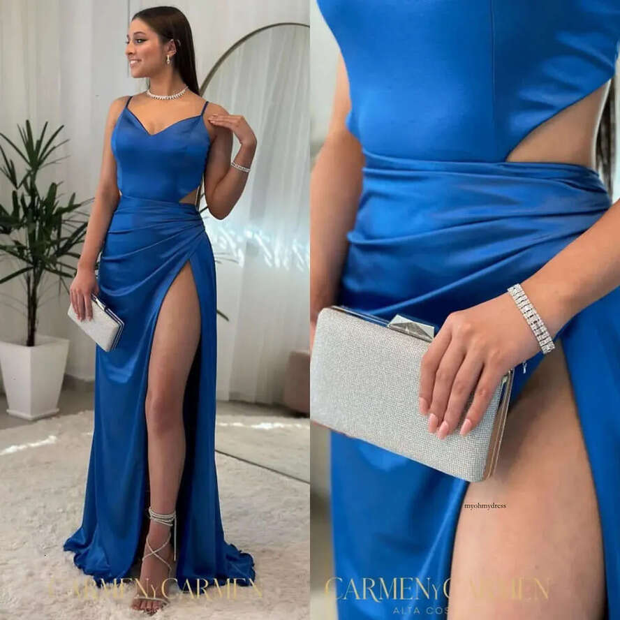Sexy Blue Mermaid Prom Dress Split Cutaway Sides Formal Evening Elegant Pleats Party Dresses For Special Ocns Straps Promdress 0515
