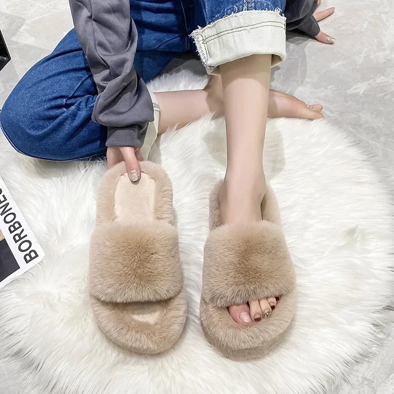 Home Furry Fur Slides Plush Slippers Fluffy Flip Flops Slip on Platform Women Fashion Shoe 2024 Zapato De Mujer 241025