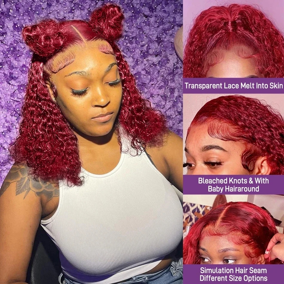 99J Red Colored Wave 13x4 Bury Bob HD Lace Front Human Hair Wigs For Women Short Deep wave