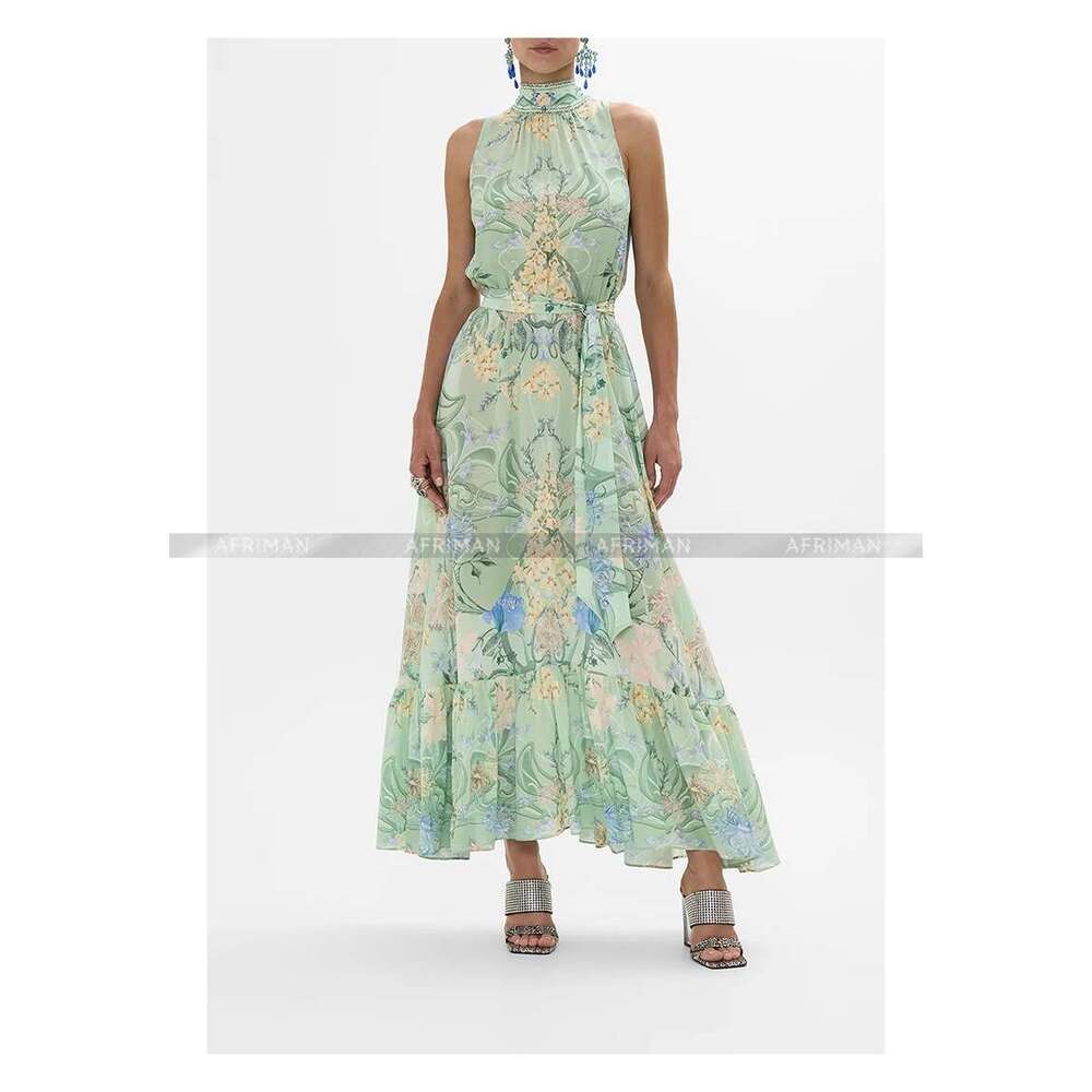 Women Mint Green Retro Print Ribbon Bow Collar Crystal Beaded Sleeveless Silk Long Vest Dress With Belt