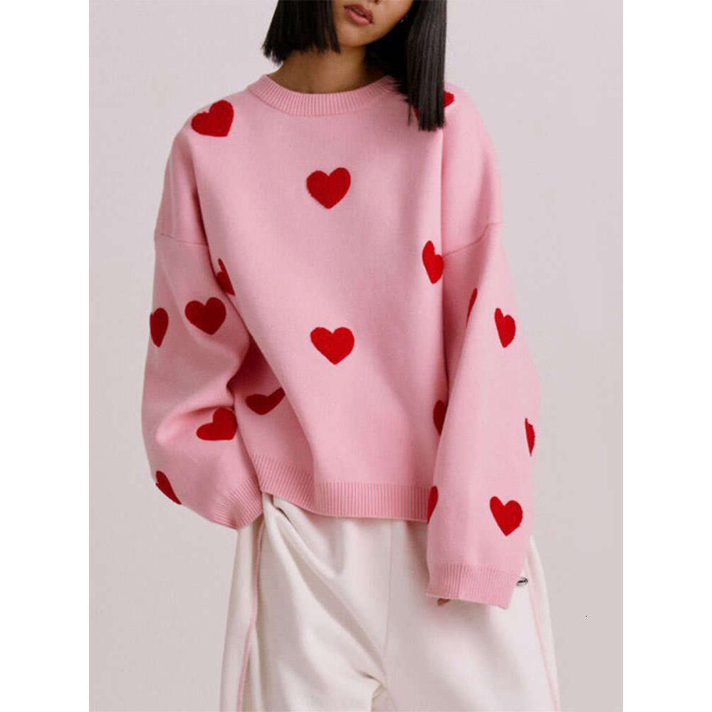 Fashion Chic Printed Heart Knitted Pullover Women Casual Round Neck Long Sleeve Loose Sweater Autumn New Female Commuting Jumper