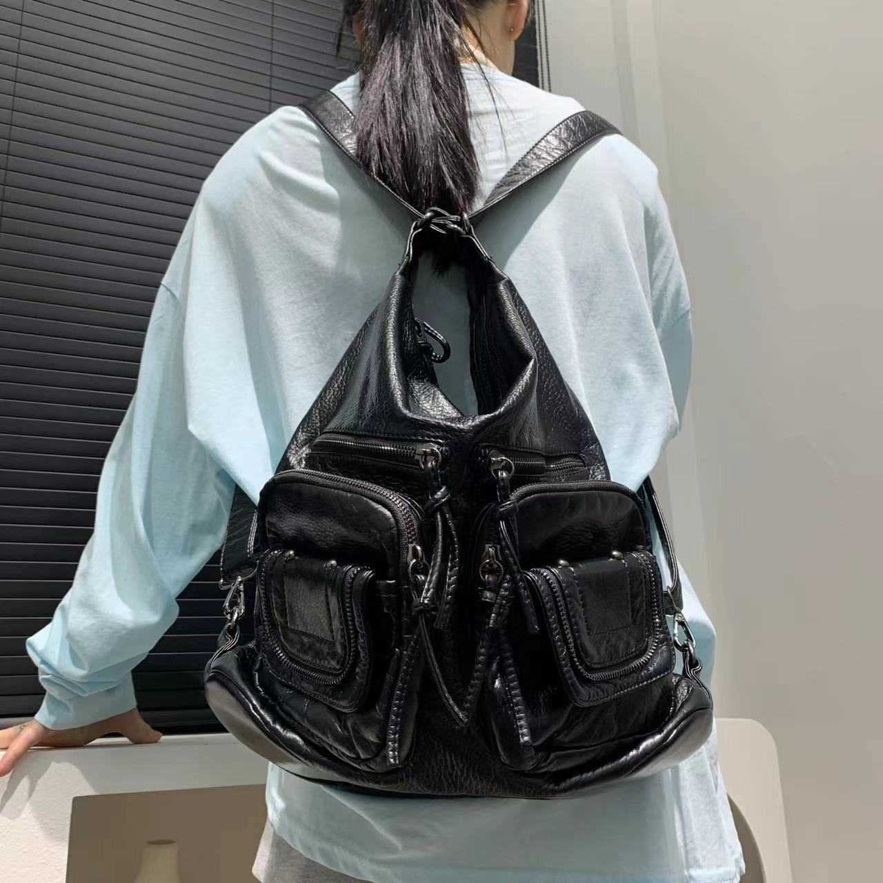Ladies' fashionable spicy girl backpack with large capacity multiple pockets, washed worn multi-functional shoulder bag 241015