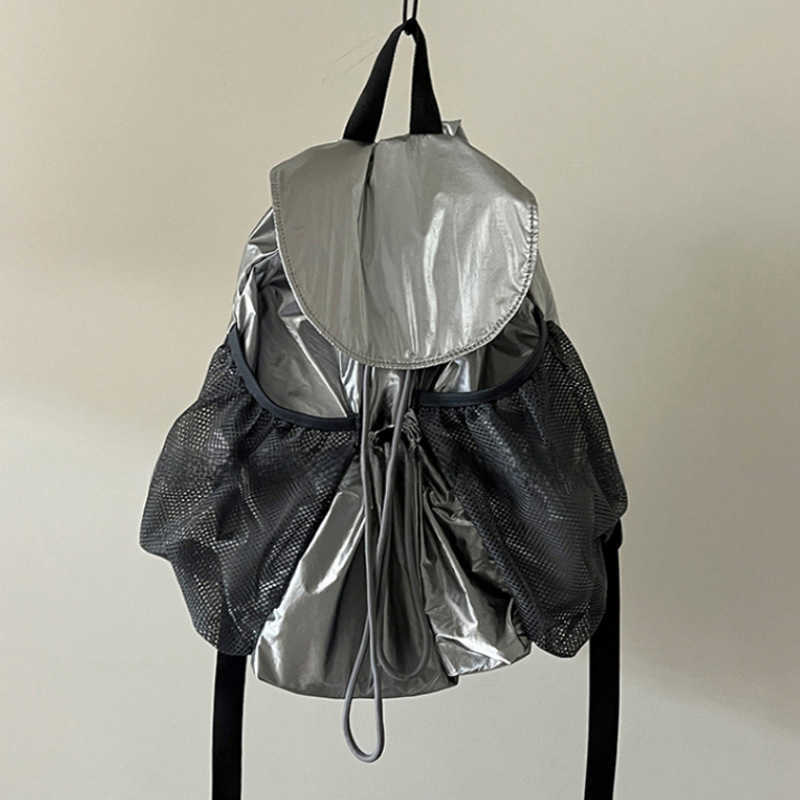 Small drawstring backpack women, large capacity, fashionable silver black backpack lightweight, casual, class, travel backpack 241015