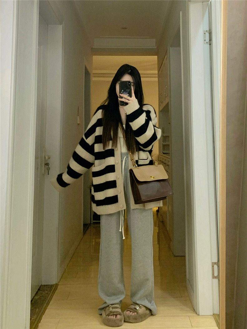 Striped Contrasting Sweater Soft Sticky Cardigan For Women Autumn And Winter New Item Korean Version Lazy Style Temperament Knitted Top Jacket F1028#4