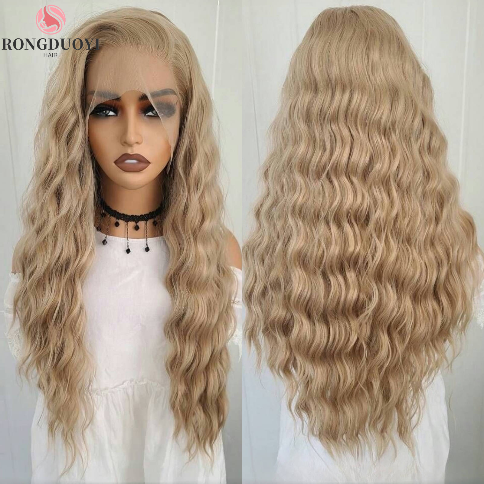 13X4 Ash Blonde Deep Curly Synthetic Lace Front Wig Natural Wavy Long Dark Blond Colored Hair Frontal Wigs for Women Party