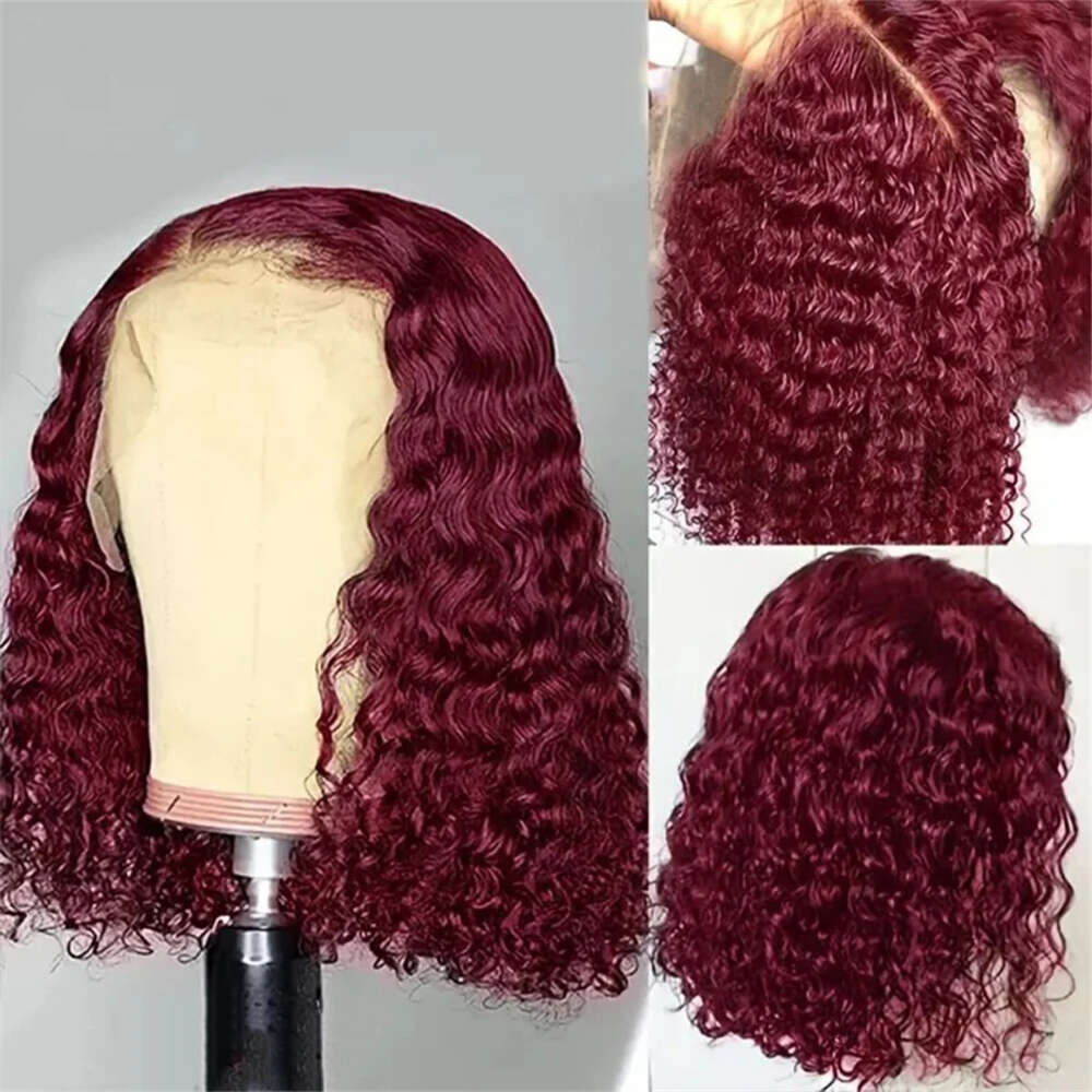 Deep Water Wave Bob J Burgundy Lace Front Wigs Human Hair x Frontal Wig Short Curly Brazilian Pre Plucked