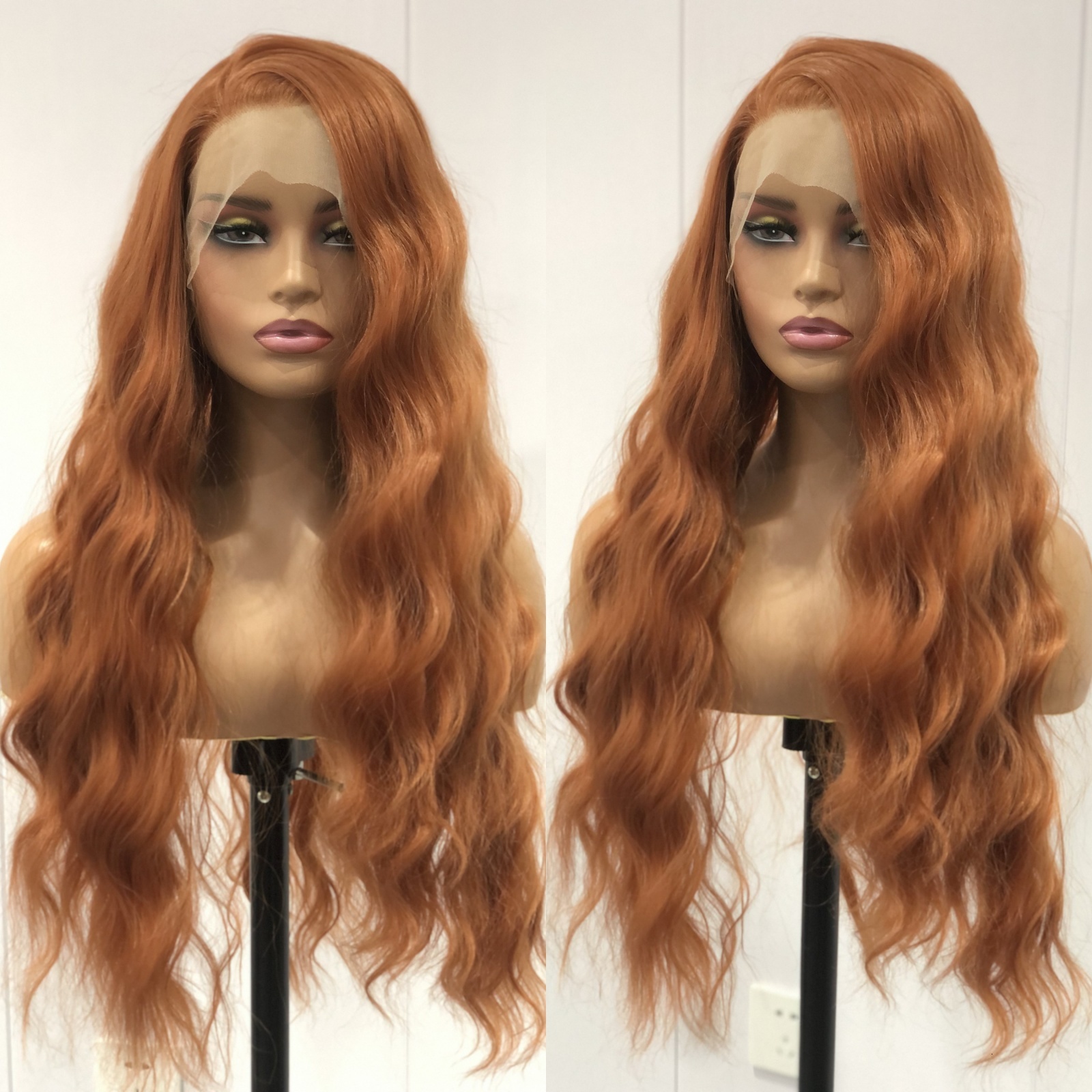 Long Curly Natural Wavy Synthetic Hair Ginger Orange Lace Front Wig Loose Deep Wave Brown Colored 13X4 Frontal Wigs for Women