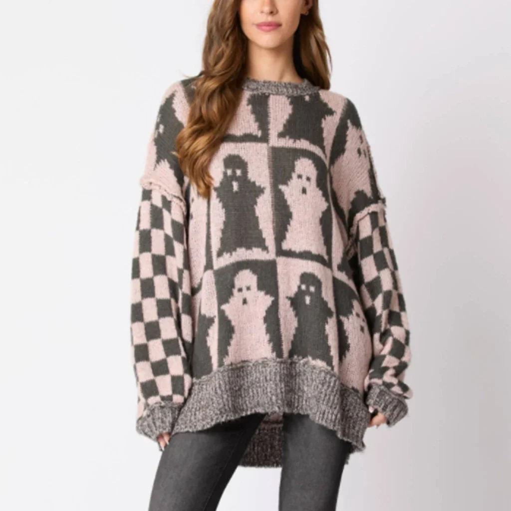 Combhasaki Womens Halloween/Christmas Round Neck Long Sleeve Sweater Aesthetic Gingerbread Mens Printed Knitted Loose Floral Top 241025