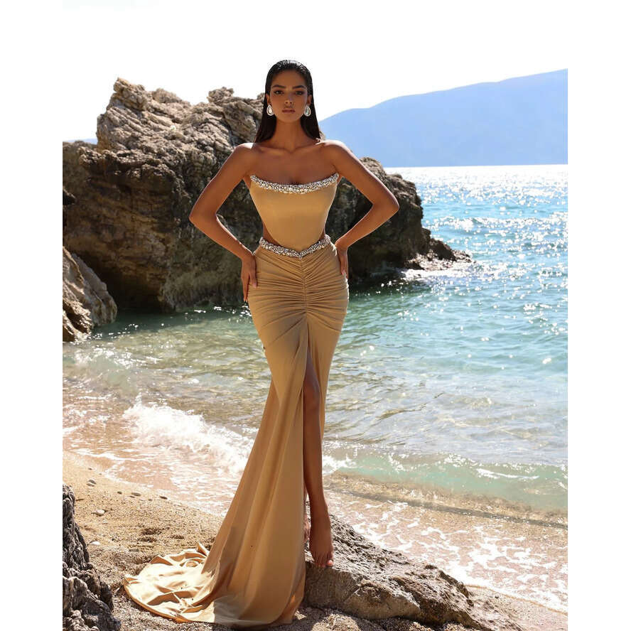 Elegant Champagne Mermaid Evening Dresses Beads Strapless Party Prom Cutaway Sides Pleats Long Dress For Special Ocn 0515