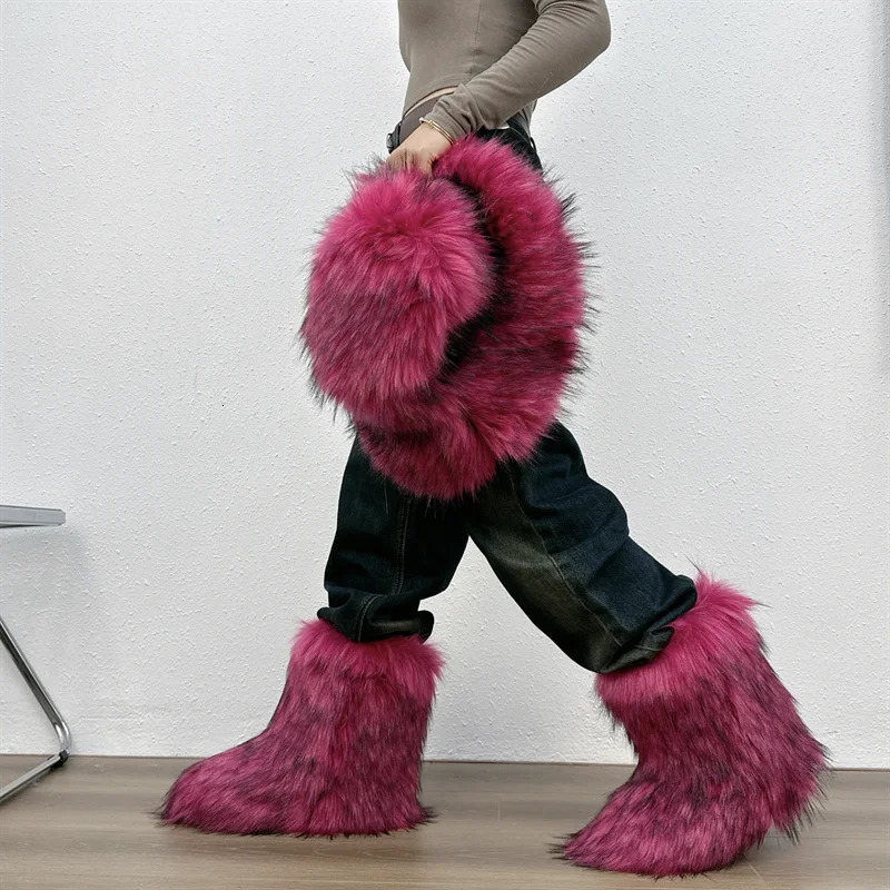 Womens Winter Fluffy Faux Fox Fur Boots Woman Plush Warm Snow Boots Footwear Girls Furry Fur Bottes Fashion Winter Shoe 241028