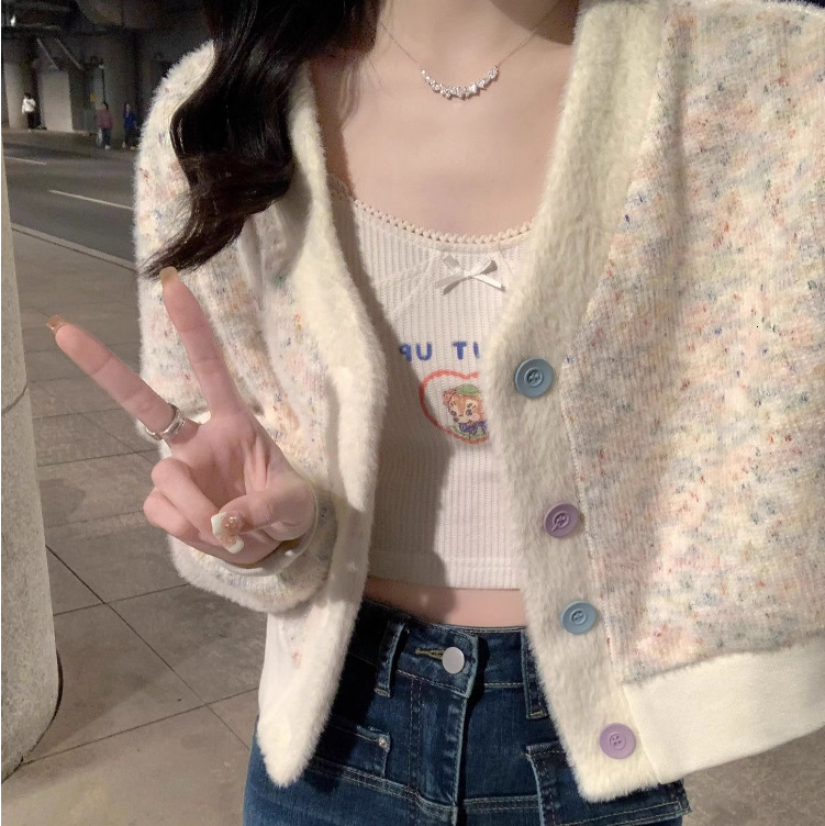 Autumn New Gentle Rainbow Dot Short Jacket Women Soft And Sticky Knitted Sweater Cardigan Versatile Top For Women F1028#42
